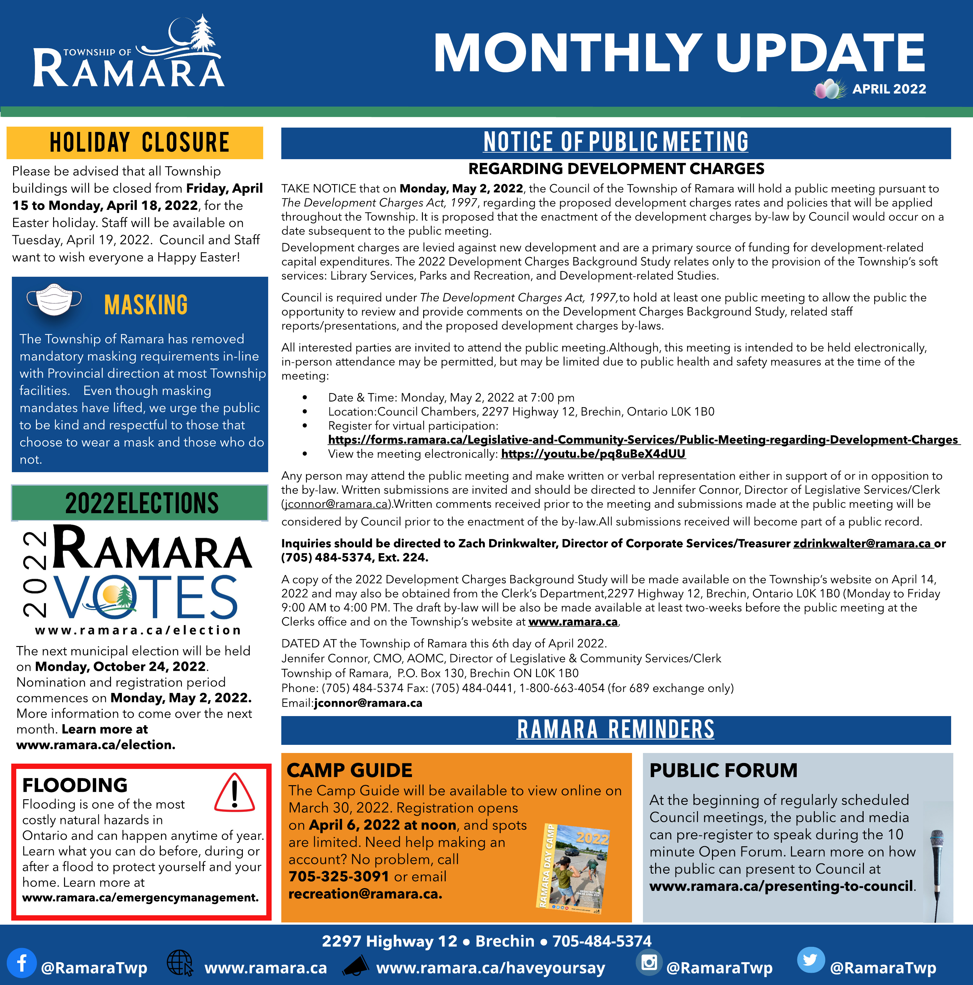 April edition of the Ramara Bulletin that lists all the news and important updates for Ramara Township.