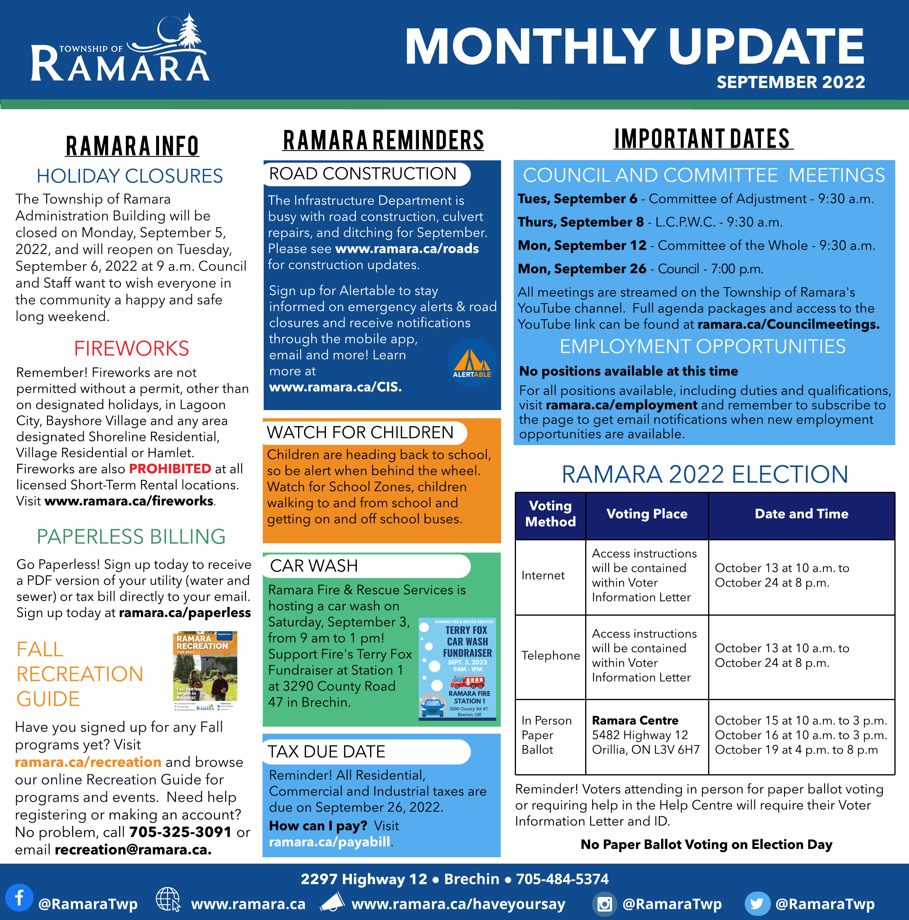 September edition of the Ramara Bulletin that lists all the news and important updates for Ramara Township.