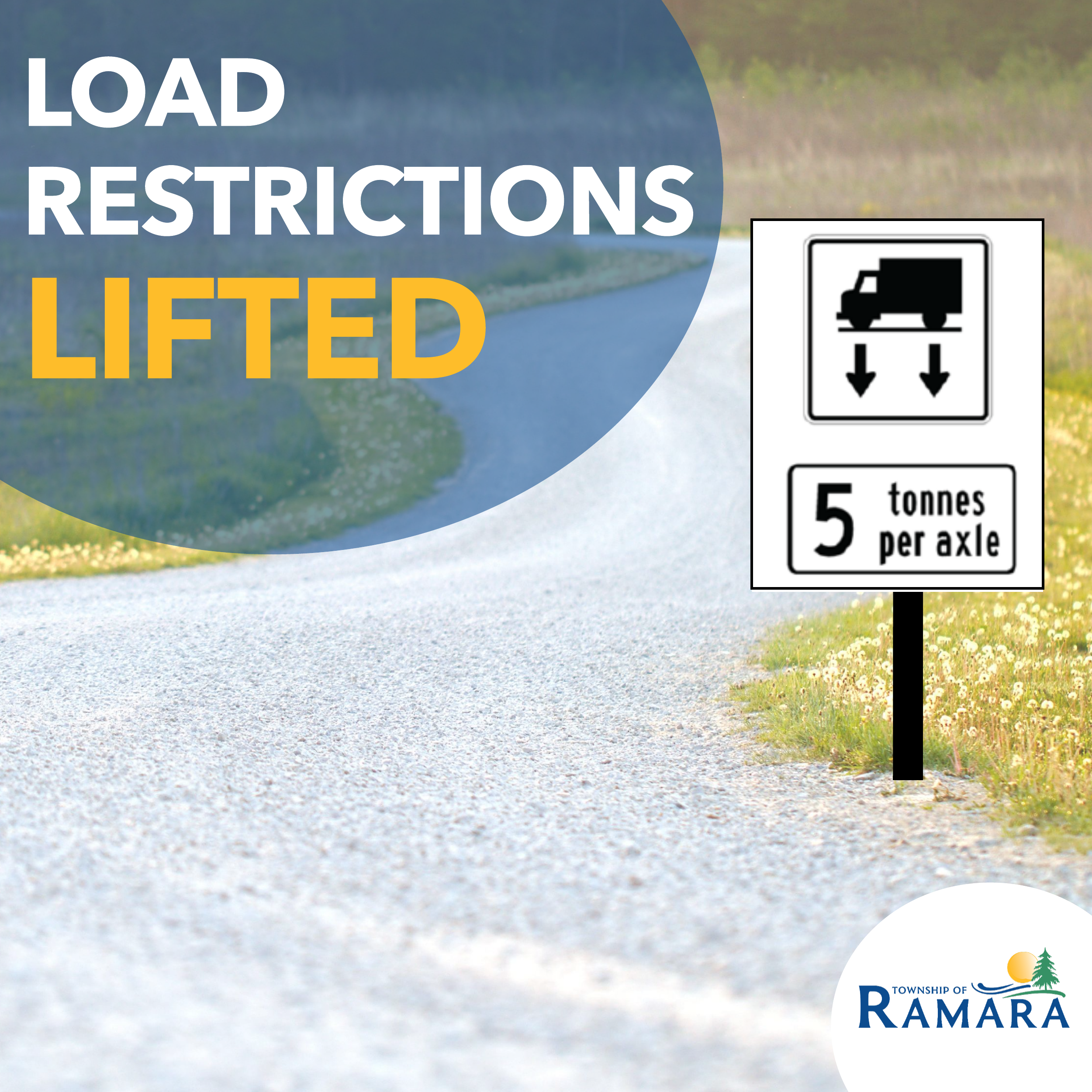 A picture of a road with a sign that states, 'Load Restrictions Lifted'