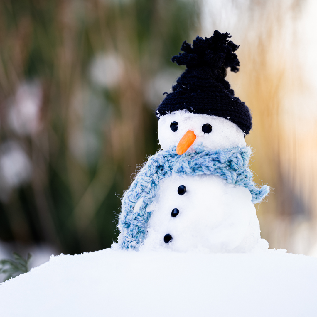 A picture of a snowman with a hat, scarf and black buttons.