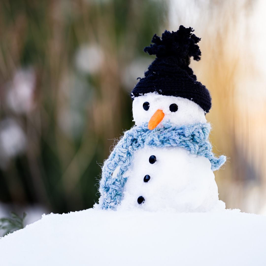 A picture of a snowman with a hat, scarf and black buttons. 