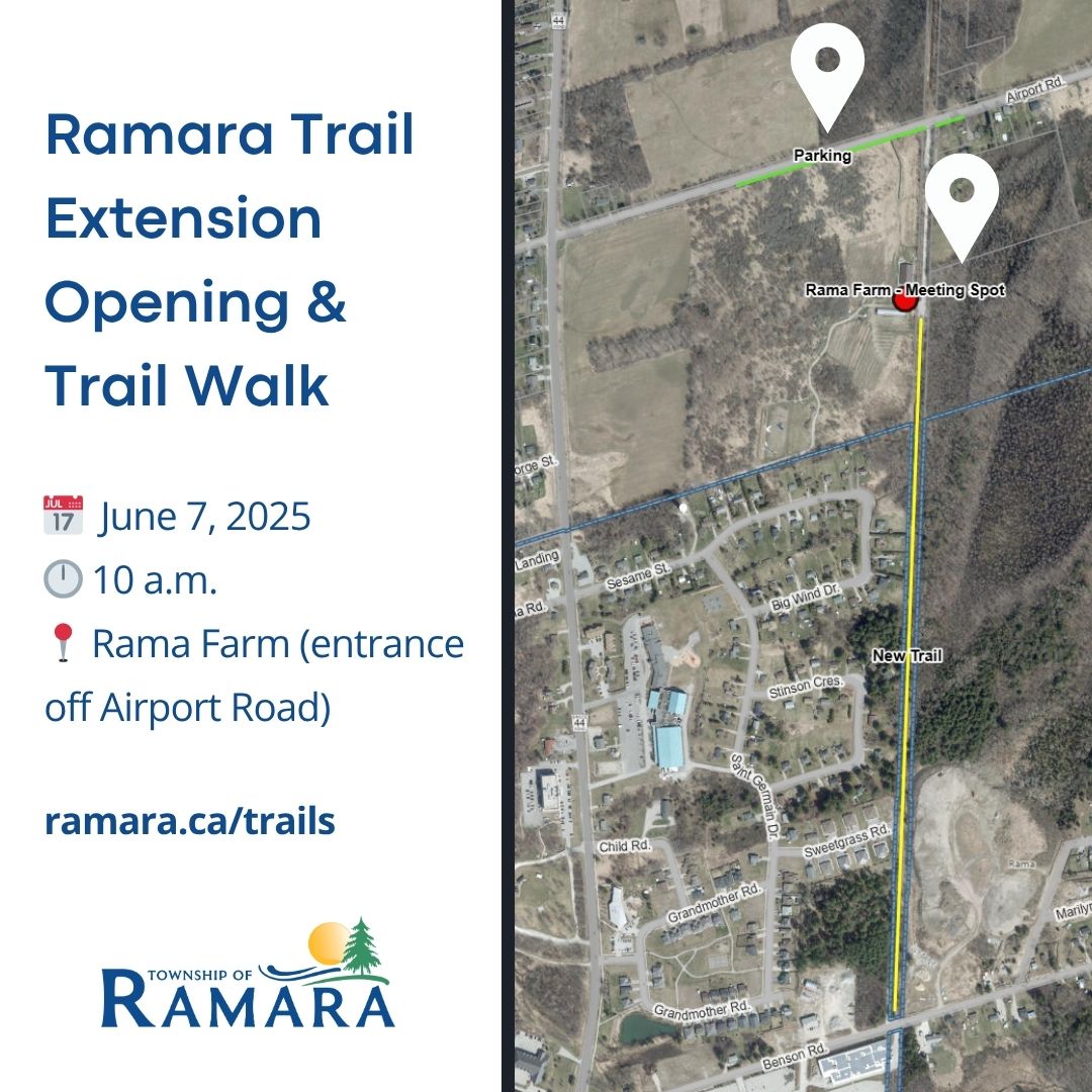 Ramara Trail Extension Opening & Trail Walk. June 7, 2025, 10 a.m. Rama Farm (entrance off Airport Road)