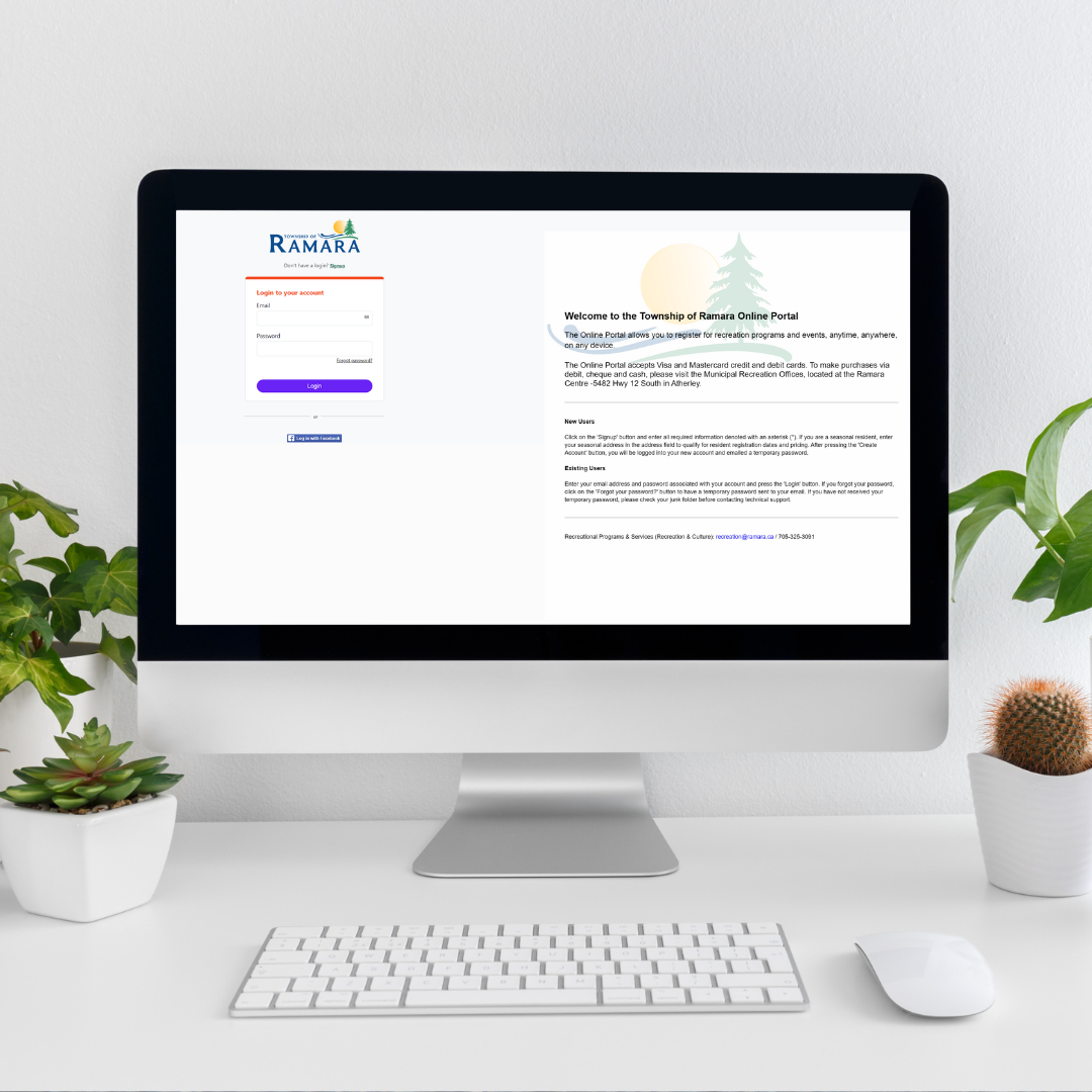 A picture of a computer on a desk with the ramara recreation webpage on the computer screen. 