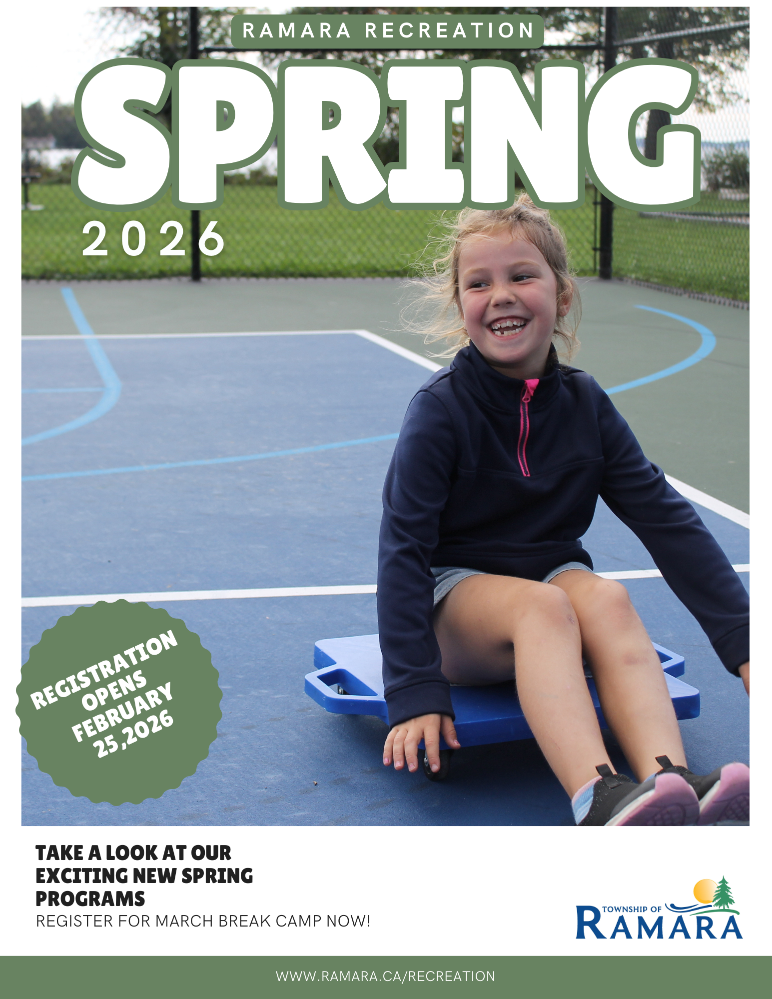 Spring 2026 Recreation Guide - Little girl at park on a scooter board on a multicourt
